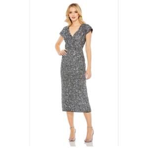 Mac Duggal 10766 Platinum Sequined Faux Wrap Cocktail Dress 4 NEW